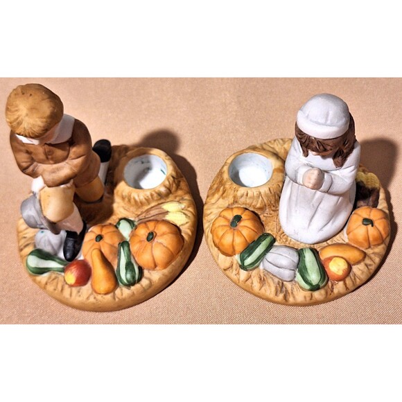 Pair of Vintage 1980's Brinn's Thanksgiving Boy Girl Pilgrims Candle Holders - Picture 4 of 10